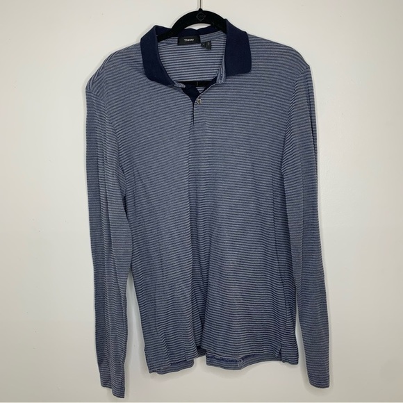 Theory blue stripe knit long sleeve polo top - Picture 1 of 7